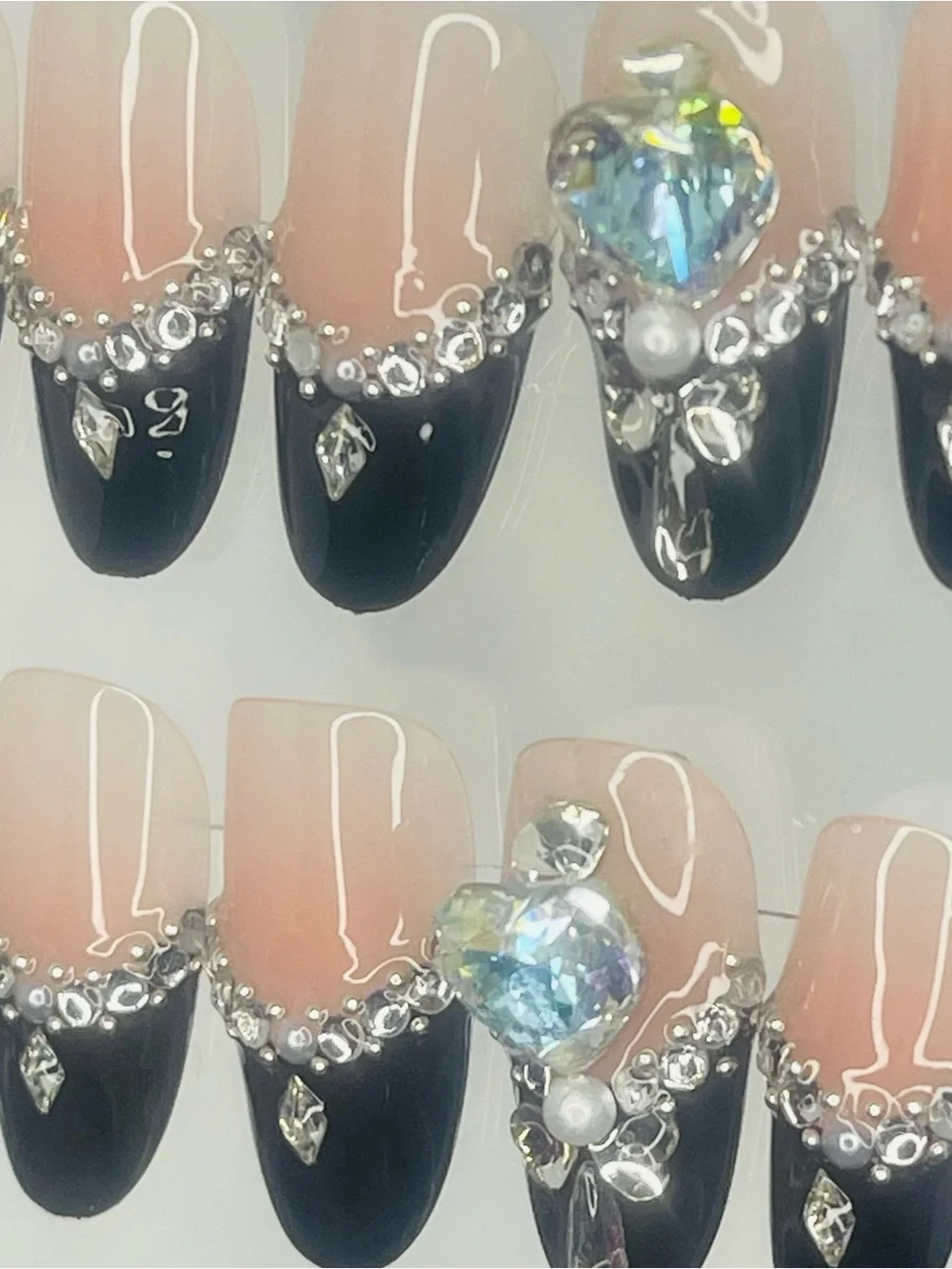 Black and Nude Rhinestone Embellished Handmade Press-On Nails